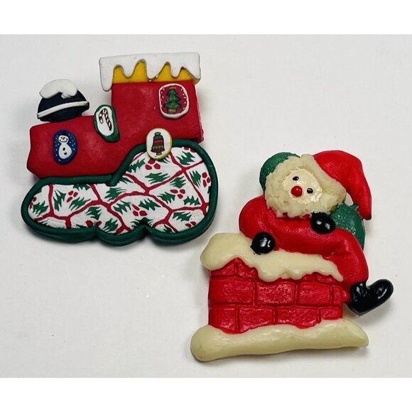 VTG Lot 2 Christmas Holiday BROOCHES Pins Train Santa Chimney Red 2" EUC - Picture 1 of 2